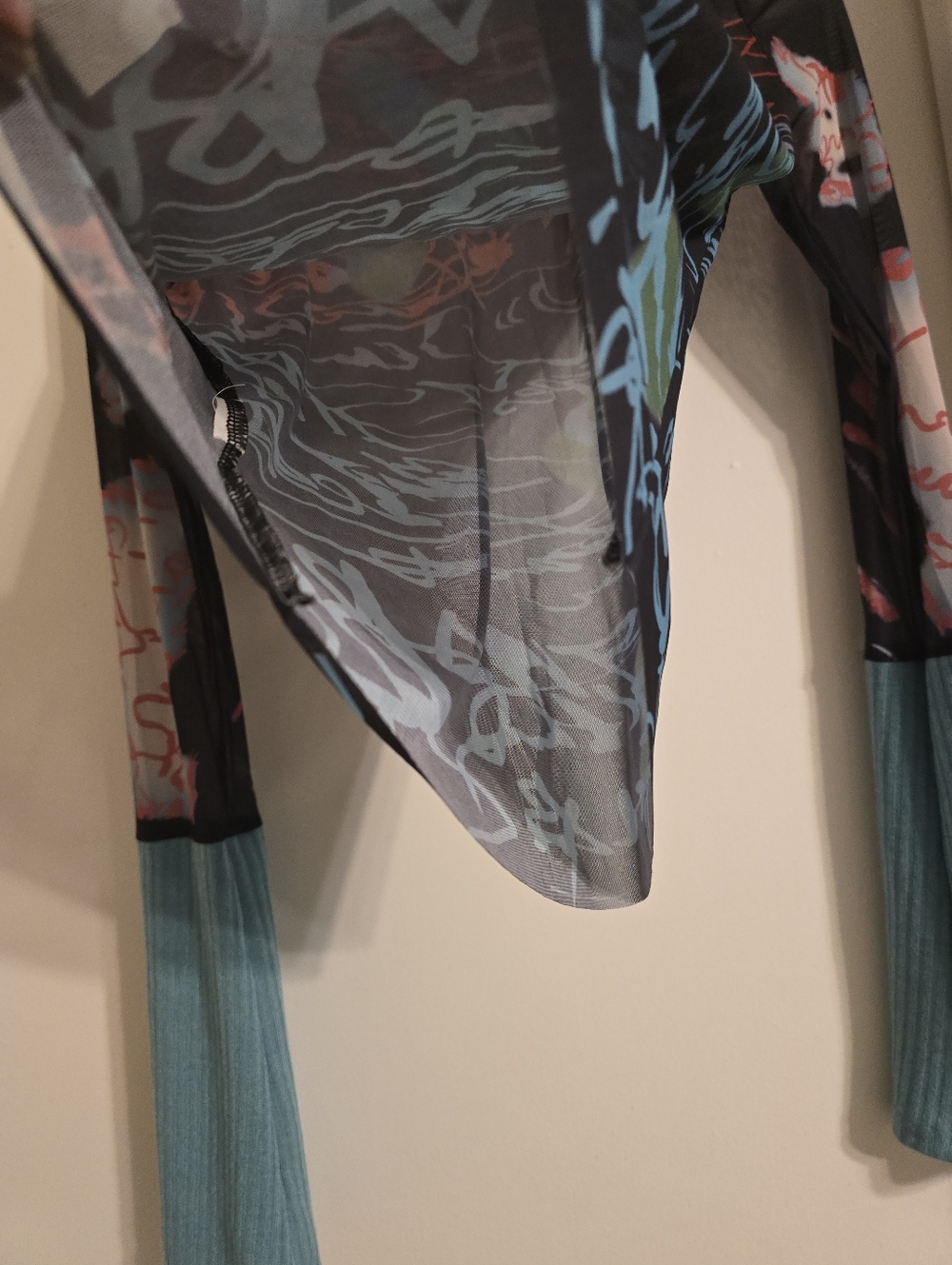 Y2K Vintage Sheer Slim Top Long Sleeve Round Neck Pattern Print Mesh Patchwork S - Picture 11 of 17